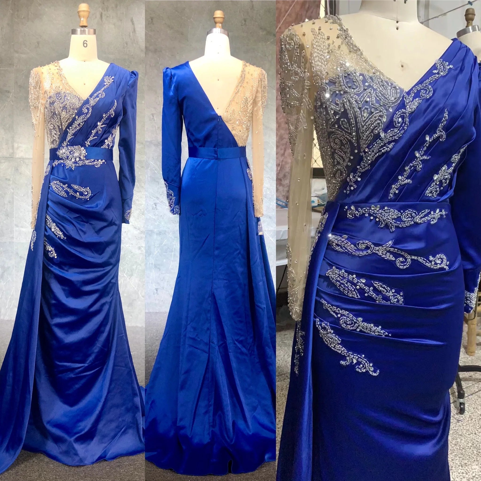 Blue High Quality Mermaid Long Sleeve Satin Evening Dresses Gowns 2022 Beaded Elegant for Women Party Dresses