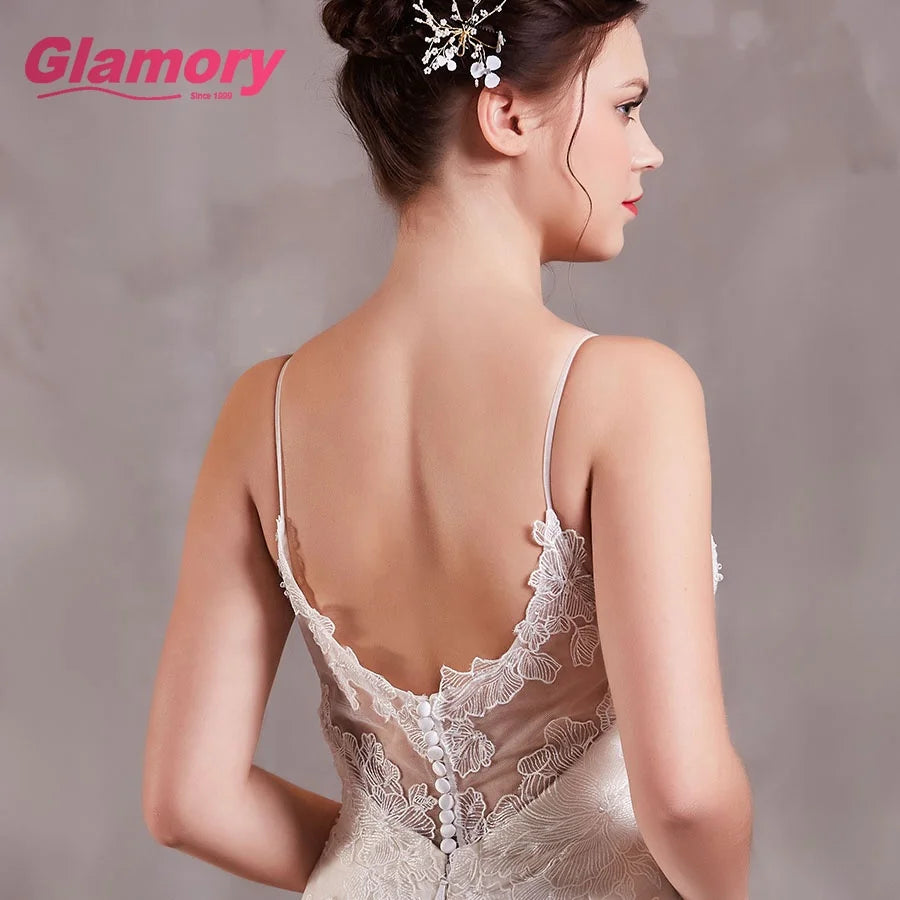 2020 Elegant Appliqued Bridal Mermaid Deep v Neck Spaghetti Strap Wedding Dress