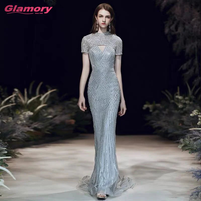Luxury Beaded Formal Gowns Short Sleeves Trumpet Evening Gown for Muslim Evening Dress