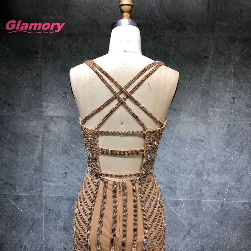 Gold Crystal Beaded Formal Prom Shiny Long Bodycon Evening Dress Ladies Spaghetti Straps Sexy Backless Party Gown