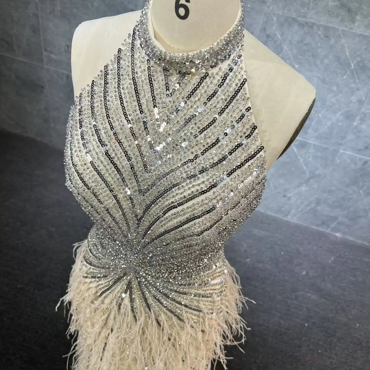 Luxury Beaded Gown With Feathers High Neck Thigh Sheer Long Elegant Evening Dresses