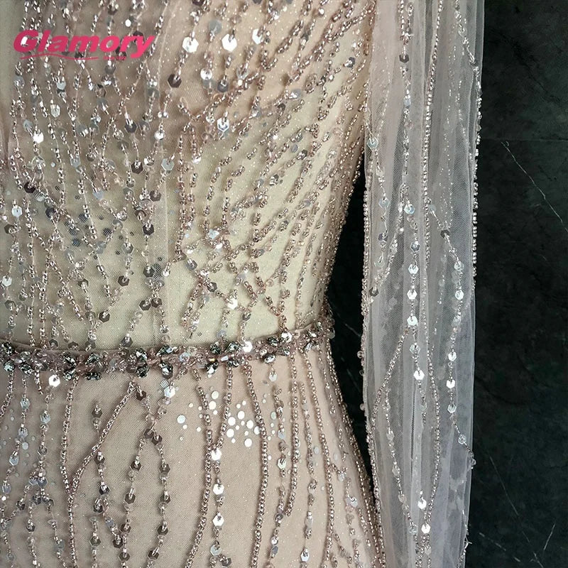 Hot Sale New Style 2020 Mermaid Custom Pink Sparkly Beaded Prom Sexy Deep V-neck Long Sleeve Girls Party Dress