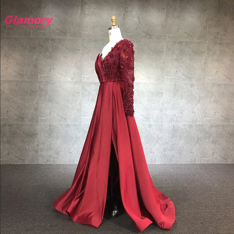 Burgundy One Shoulder Sexy Evening Handmade Flowers a Line Satin Prom Dress Ladies Long Formal Gown