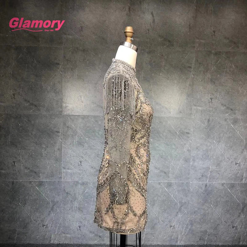 New Style Luxury High Neck Long Sleeve Bodycon Beading Mermaid Club Dress