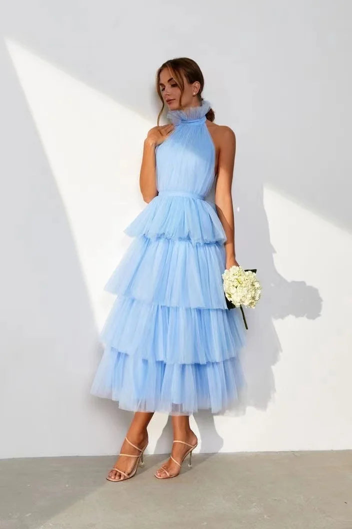 Birthday Party Gown Tea Length Pleated a Line Tulle Pink Halter Bacs Pklesrom Dresses for Women