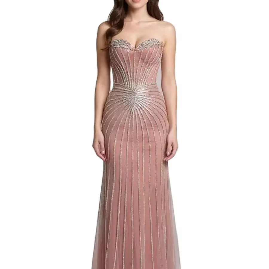 Pink Luxury Gorgeous Mermaid Prom Evening Gown Embellished With Stunning Beaded Embroidery and Elegant