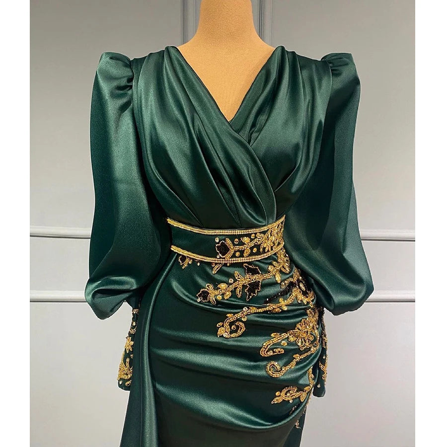 Green  Modest Long Sleeve Satin Evening Dresses Women Mermaid Handmade Beading Evening Gowns