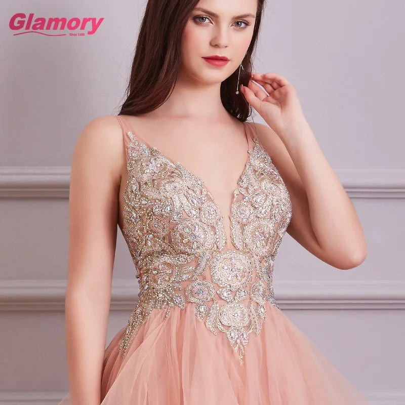 Design 2020 Pink V-Neck Lace Embroidery Dress A-Line Sleeveless Sexy Evening Gowns