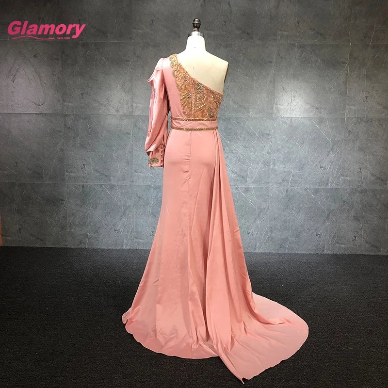 New Custom Luxury Handmade Beading With Pleated One-shoulder Women Wrap Dresses Sexy Satin Evening Dresses