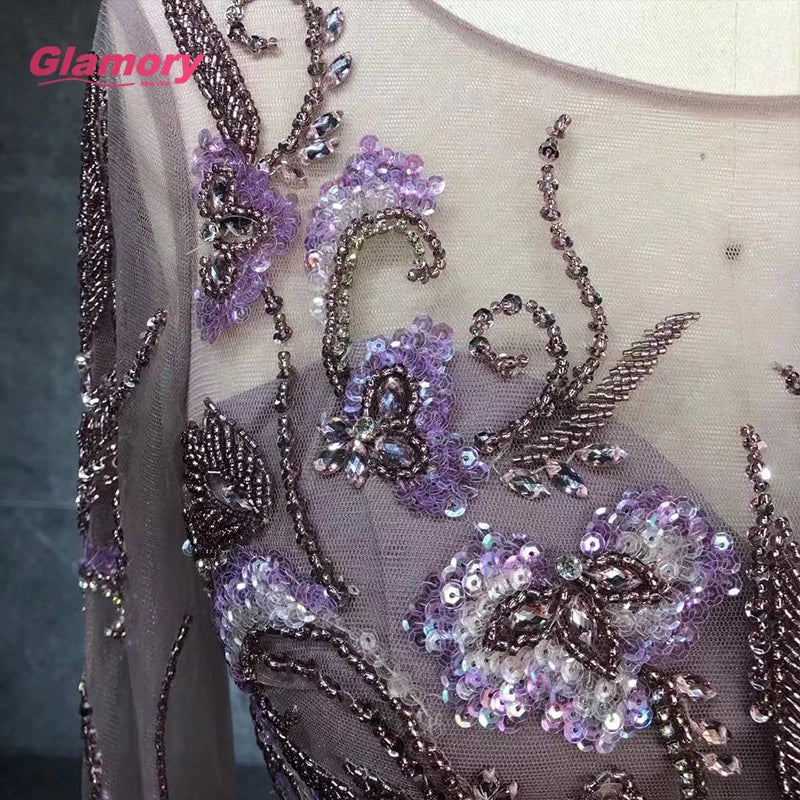 Pink 2020 New Elegant Full Sleeve Tulle Heavy Beaded With Belt Sexy Open Leg Prom Dress