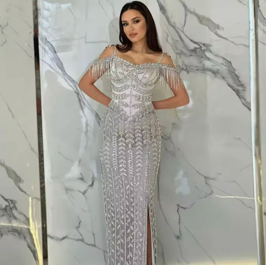 Saudi Arabic Luxury Tassel Straight Off Shoulder Evening Dress for Women Wedding Formal Party Gowns