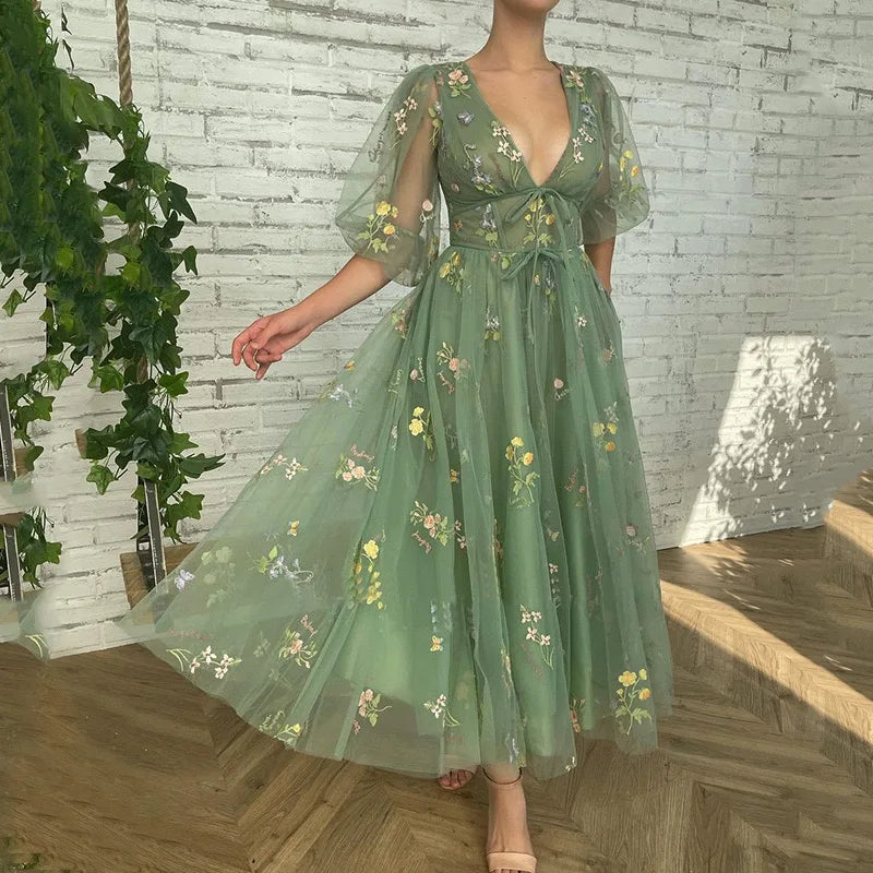 Forest Green Fairy Lace Prom Party Dresses Puff Sleeves A-Line Formal Graduation Gowns Pleat Lace Evening Dance Dress