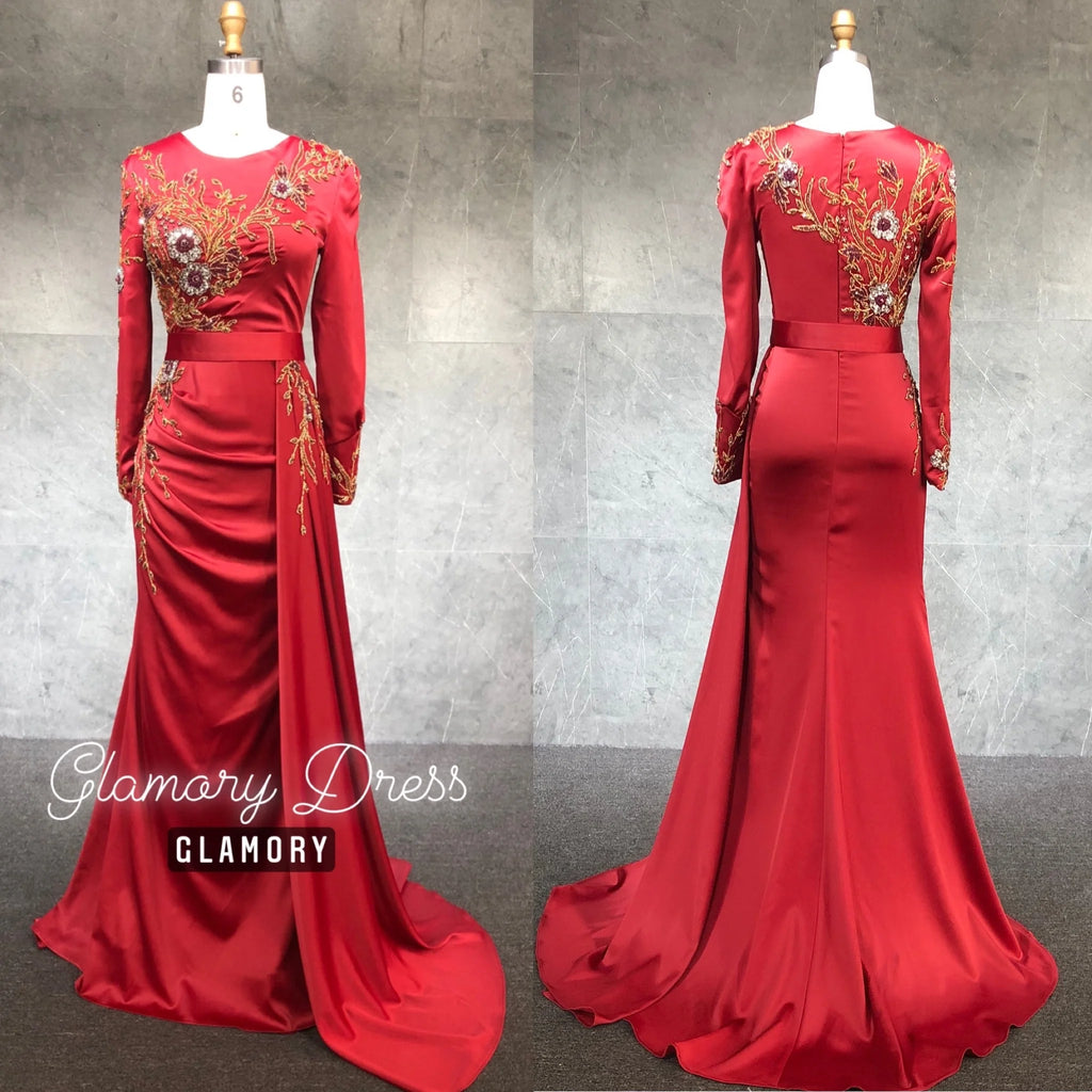 NEW 2021 Muslim Long Sleeve Stain Evening Gowns Mermaid Beading Party Wear Dresses for Woman