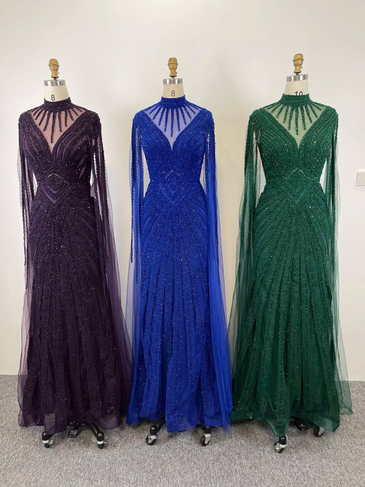 2023 Lace Appliques Muslim High Neck Mermaid Prom Dresses Elegant Long Cape Sleeve Formal Party Gowns