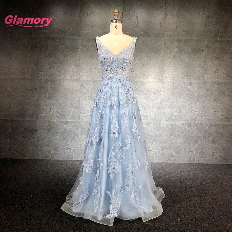 Latest Design V-neck 3D Flower Appliques A-Line Prom Dress Women Party Dresses Prom Gowns
