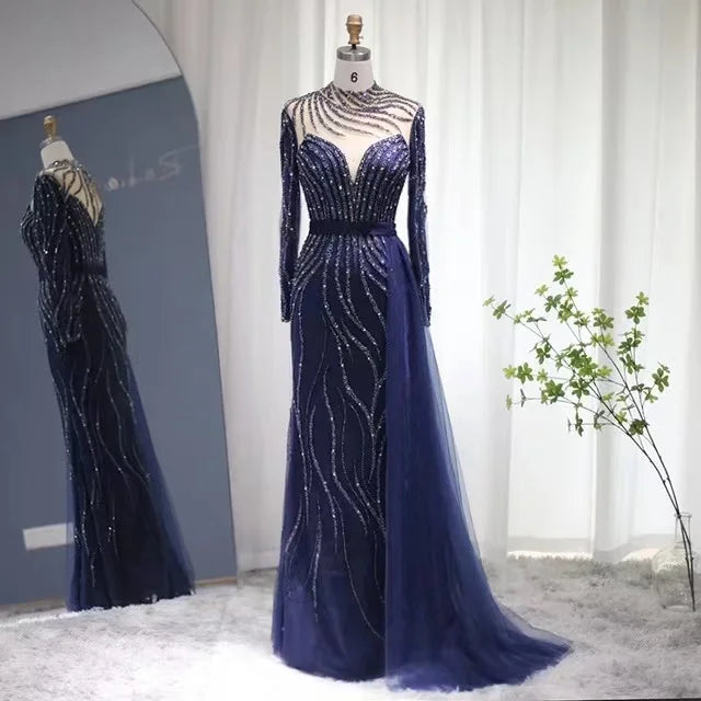 New Navy Blue Mermaid Dubai Evening Dress With Detachable Skirt Long Sleeve Arabic Formal Gowns for Women