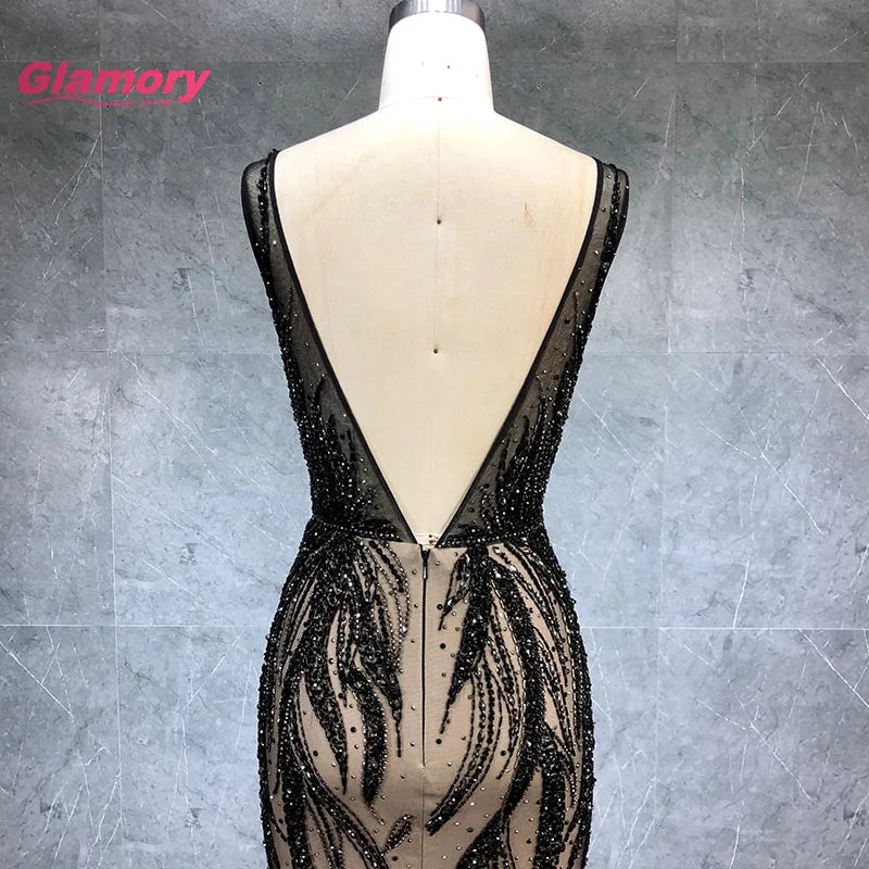 Black O-neck Prom Dresses Handmade Beaded Mermaid Evening Gowns Backless Long Vestidos Party Gown