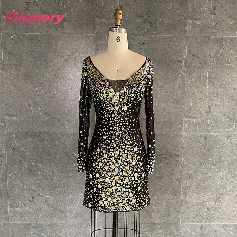 Sexy Black Homecoming Dresses Sweetheart Long Sleeve Shinny Crystal Stone Short Prom Dress