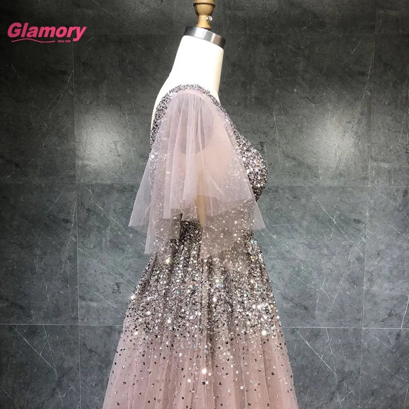 2021 New Design Pink Short Sleeve  a Line Beads Evening Sparkle Prom Dress Gowns