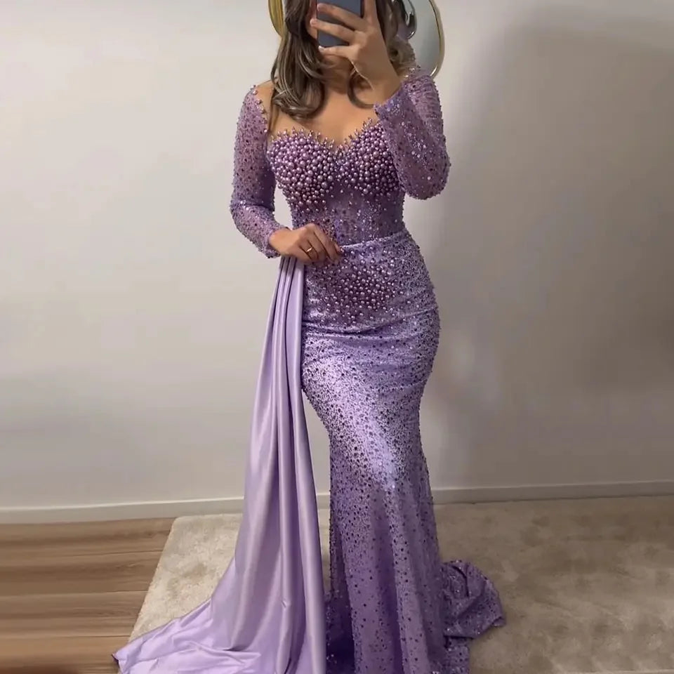 Purple Mermaid Elegant With Overskirt Luxury Pearls Beaded Evening Dresses Glitter Pearls Sequins Party Dress for Women 2025