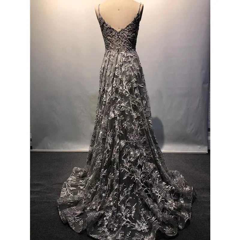 Gray Fashion Style V-Neck Party Gown Sleeveless Beading Embroidery Evening Dresses