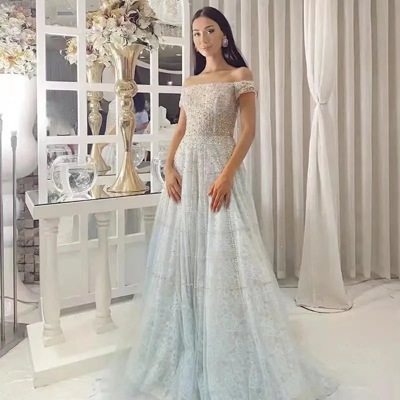 Luxury Dubai Mint Green Evening Dresses Elegant Off Shoulder Lilac Arabic Formal Dress for Women Wedding Party