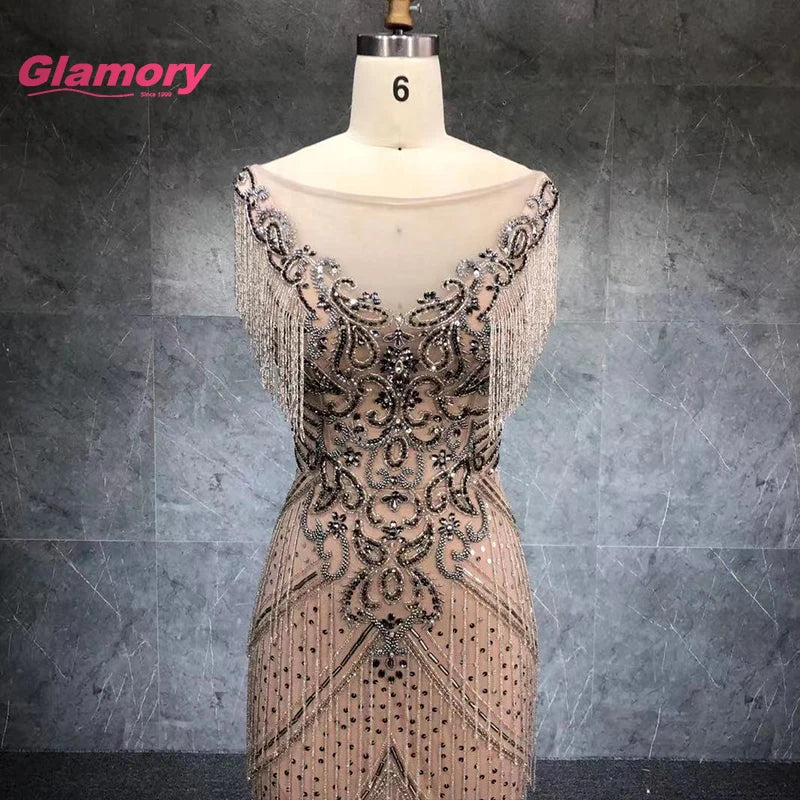 New Arrival 2020 Silver Sexy V Neck Women Party Luxury Crystal Tassel Prom Mermaid Evening Dress Formal Gowns