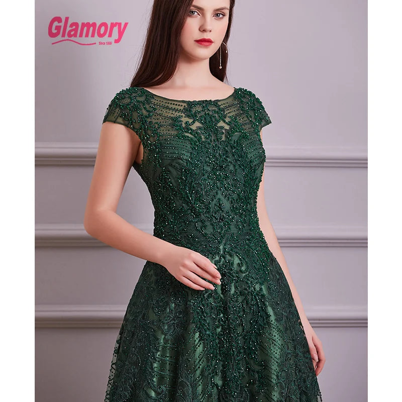 2020 New Collection Army Green Evening Lace Luxurious Beading Cap Sleeve a Line Long Prom Dress Formal Occasion Gowns