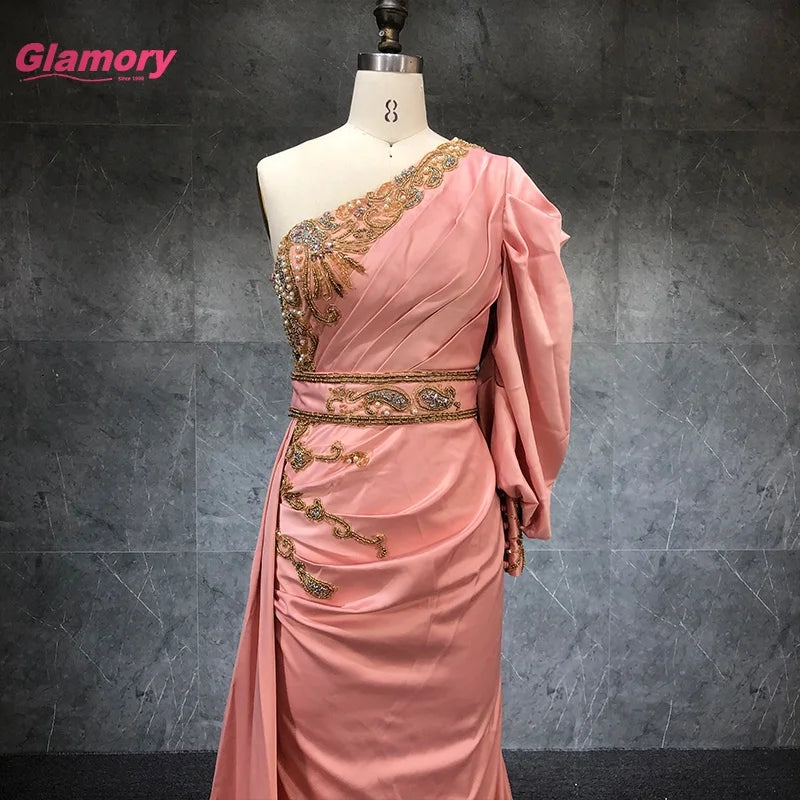 New Custom Luxury Handmade Beading With Pleated One-shoulder Women Wrap Dresses Sexy Satin Evening Dresses