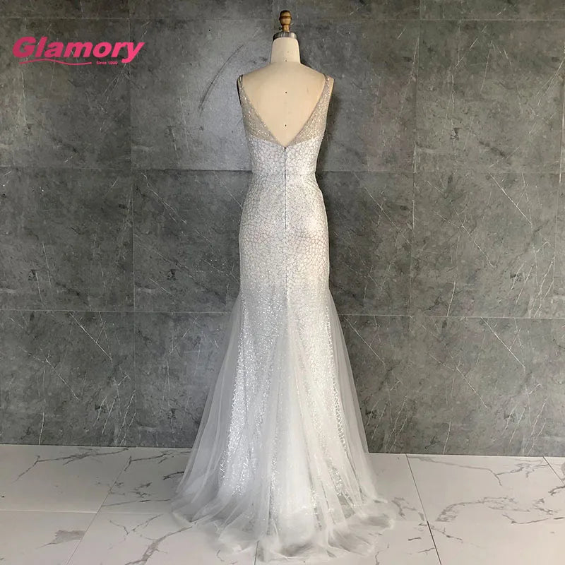 Wholesale Sexy Shiny Tulle Beaded Party Evening Dresses V Neck Mermaid Fishtail Long Graduation Prom Dress