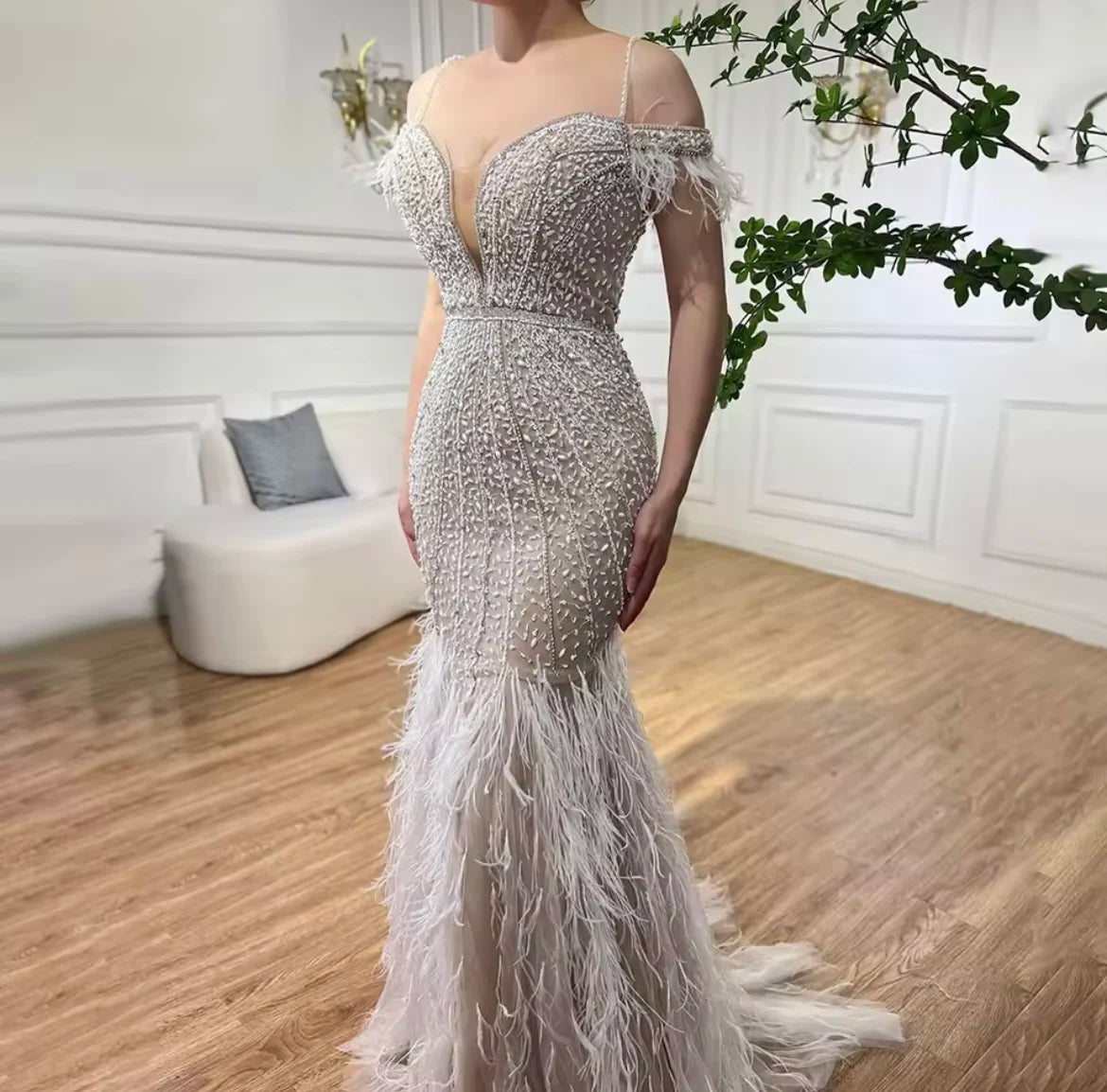 Luxury Feather White Nude Prom Evening Dresses Elegant Long Women's Wedding Party Dress