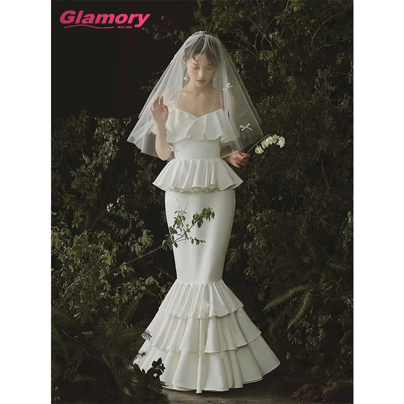 Sexy Mermaid Dresses Sweetheart Spaghetti Strap Bridal Gown Ruffles Wedding Dress