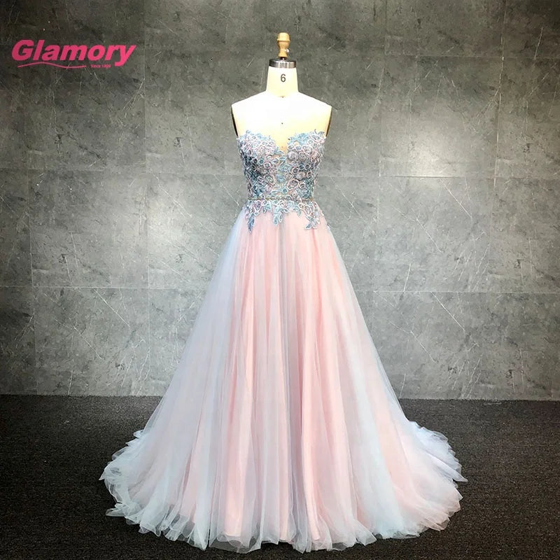 Latest Designs Flower Embroidery Prom a Line Spaghetti Strap Hot Drill Dress Long Formal Evening Gowns