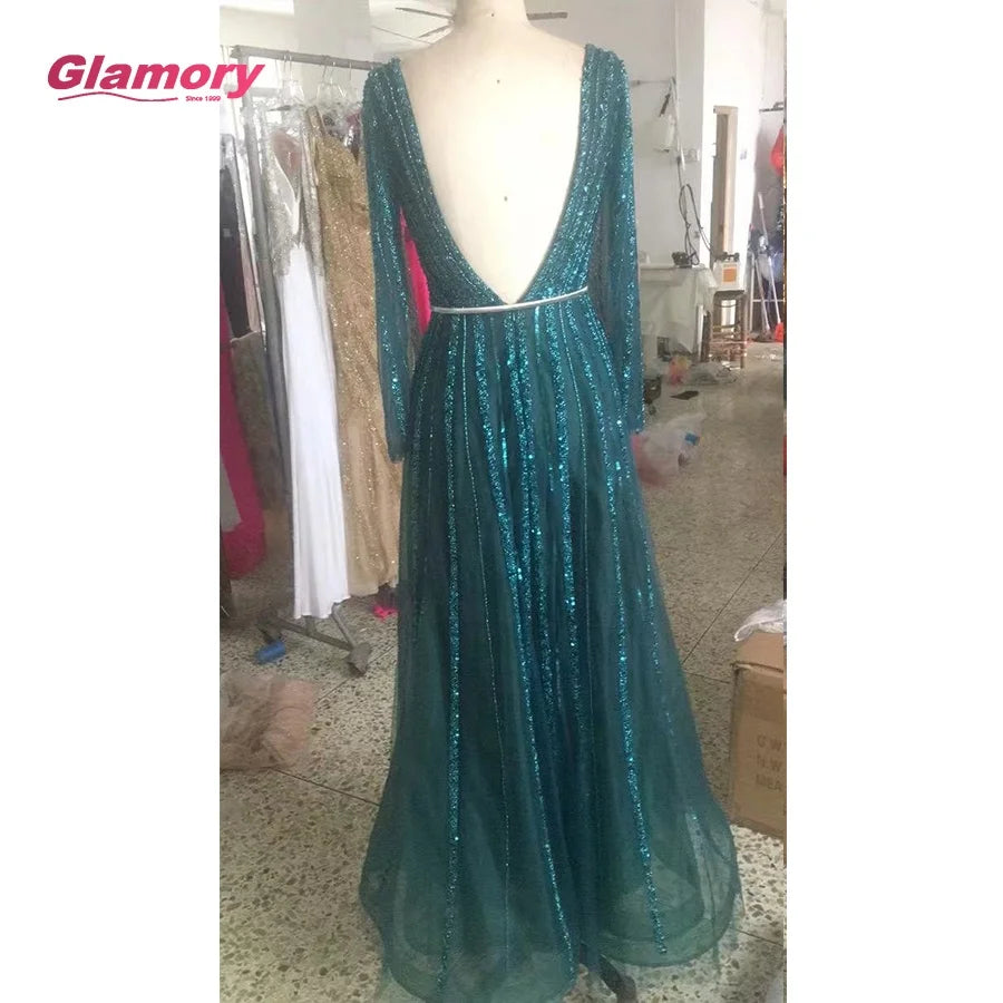 2021 Muslim Luxury Beaded Green V Neck a Line Full Sleeves Evening Party Long Gowns for Women