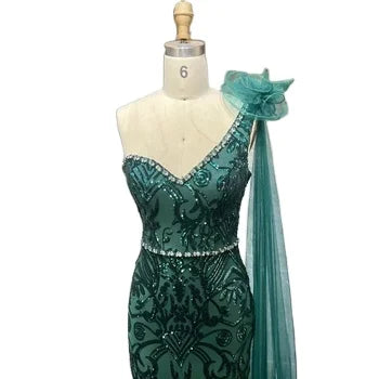 Dubai Green Party Dinner Dress One Shoulder Cape Long Evening Dresses With Beads Belt Customized Luxury Wedding Robe