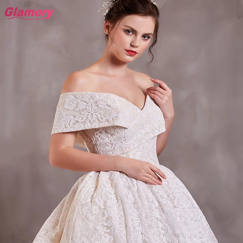 Newest Breast Wedding Dress With Train Gorgeous Lace Luxury Long Off Shoulder Wedding Dress