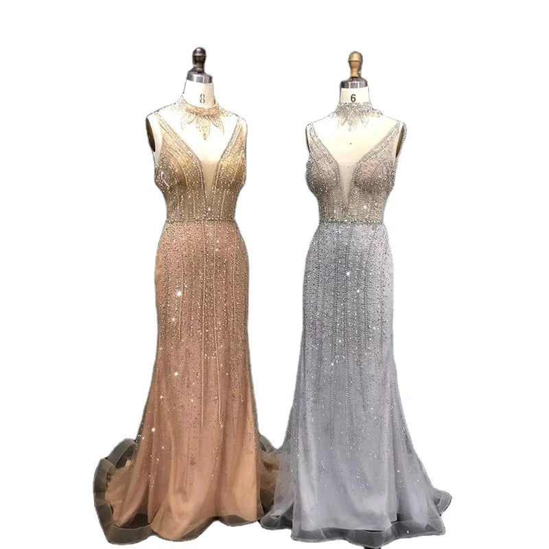 Available Gold Evening Dress Deep V Neck Sexy Sparkly Beading Formal Mermaid Pageant Dresses