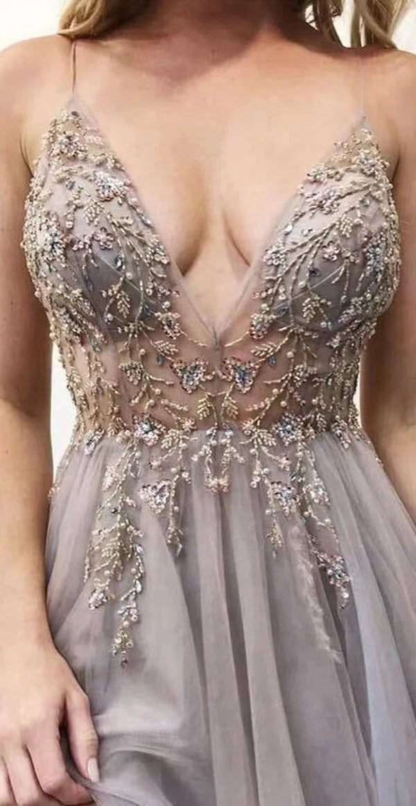 Sexy Spaghetti Straps Evening Dresses New Arrival V-Neck Rhinestones Beading Formal Prom Gowns With Slit Robe De Soiree