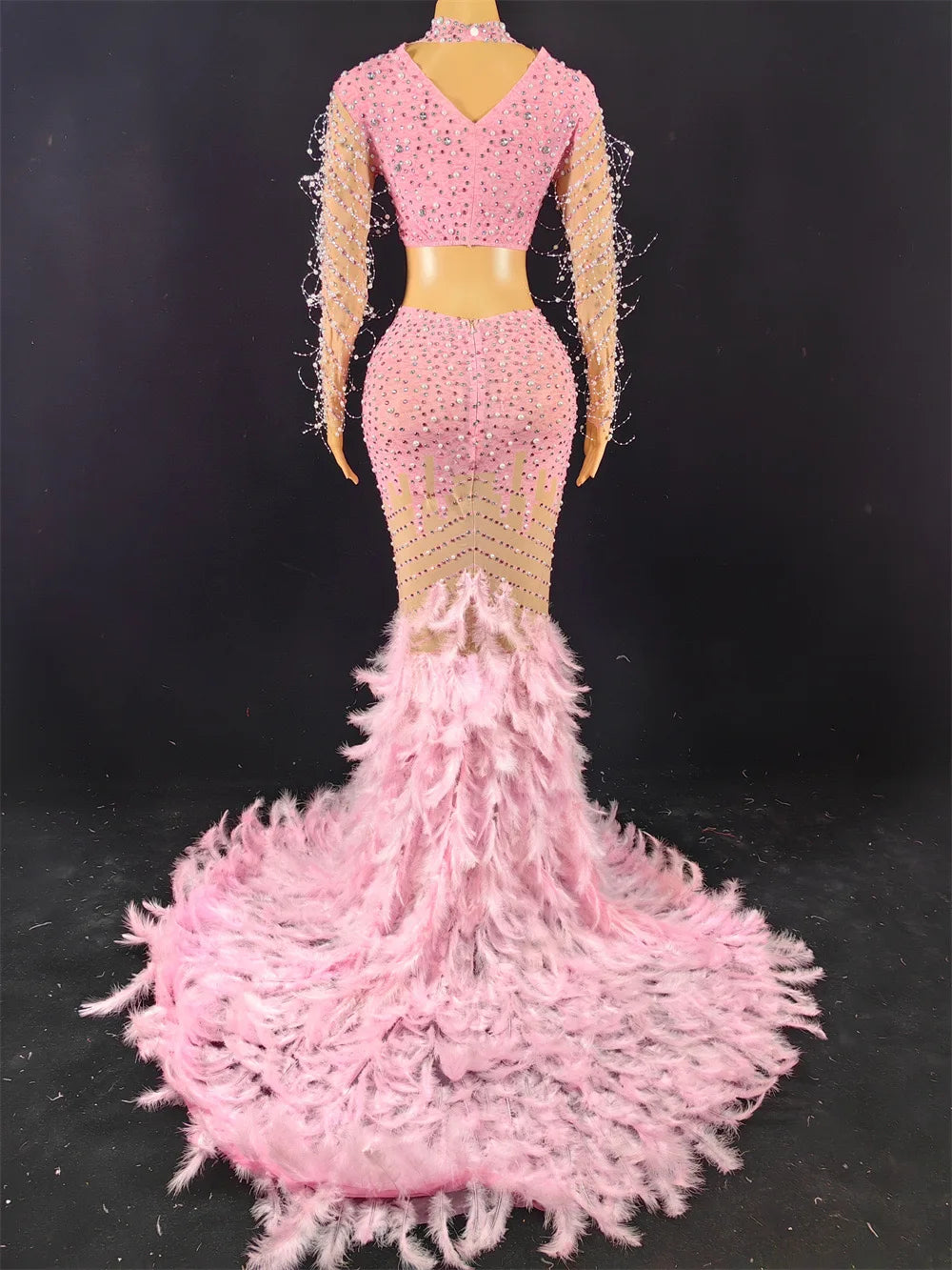 Luxury Pearl Sequins Mermaid Dress Women Ball Gown Wedding Dress Fashion Feather Shining Rhinestone Party Dress