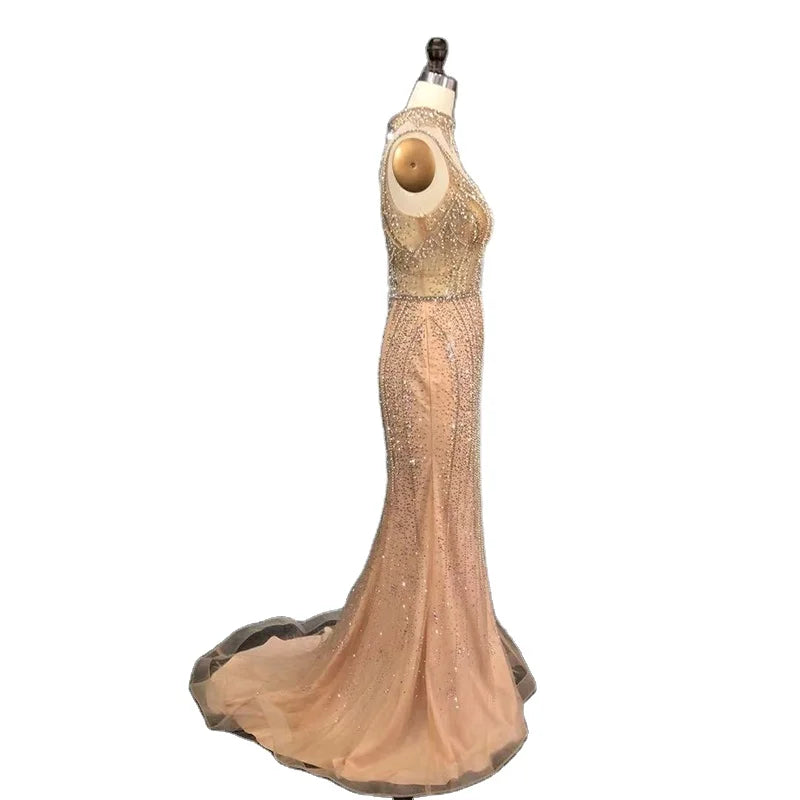 Available Gold Evening Dress Deep V Neck Sexy Sparkly Beading Formal Mermaid Pageant Dresses