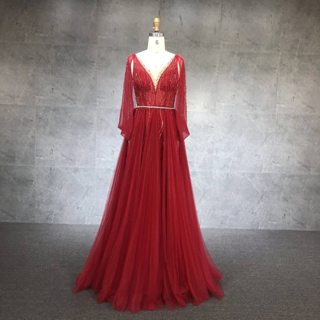 New 2021 Elegant Muslim Beaded a Line Luxury Evening Dresses V Neck Long Party Gowns