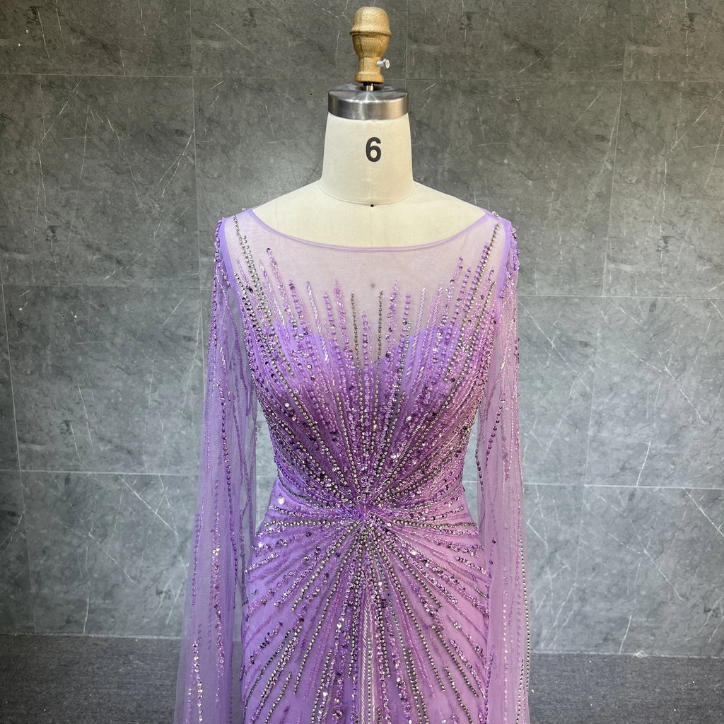 Luxury Dubai Lilac Feathers Beaded Cape Sleeves A-line Evening Gown for Women Wedding Party Dresses