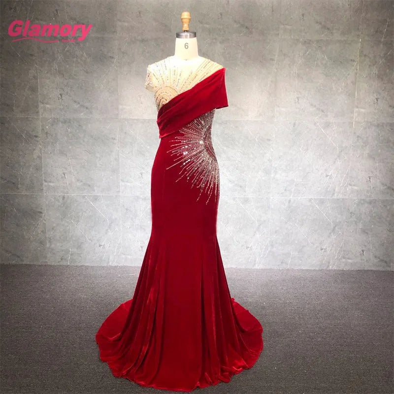Ladies Formal Evening Dress Sleeveless Velvet Elegant Beaded Long Prom Dress