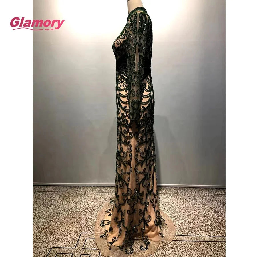 Dubai Fashion Dark Green Mermaid Dresses Hight Neck Long Sleeve Formal Women Lady Elegant Prom Evening Gowns