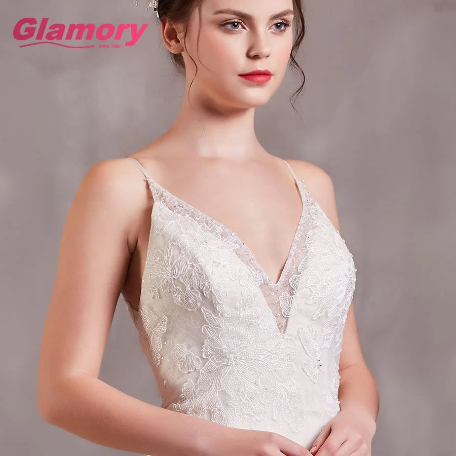 2020 Elegant Appliqued Bridal Mermaid Deep v Neck Spaghetti Strap Wedding Dress