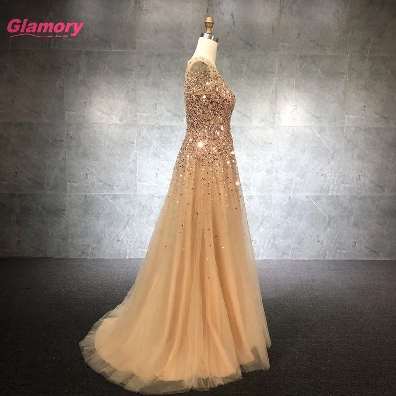 Crystal O-Neck  Beading Prom Short Sleeve Elegant Party Long Gold Evening Dress