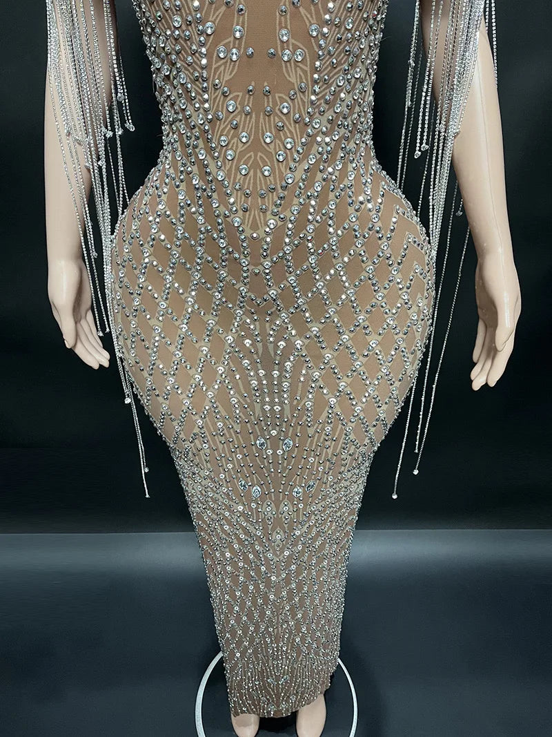 Transparent Long Diamond Dark Brown Party Dress Birthday Luxury Costume Fancy Brilliant Dancer Wedding Dress Impressive Dress