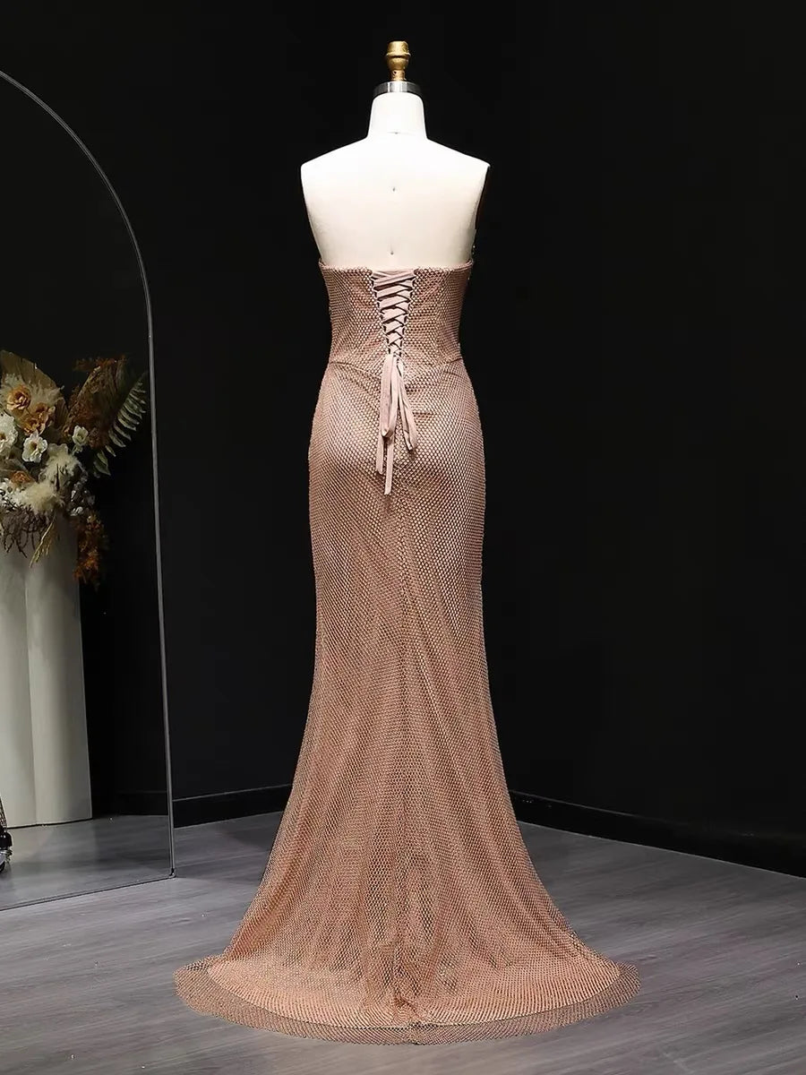 Gold Luxury Dubai Caramel Mermaid Evening for Women 2025 Sparkly Crystal Floor-Length Sweep for Weddings Proms