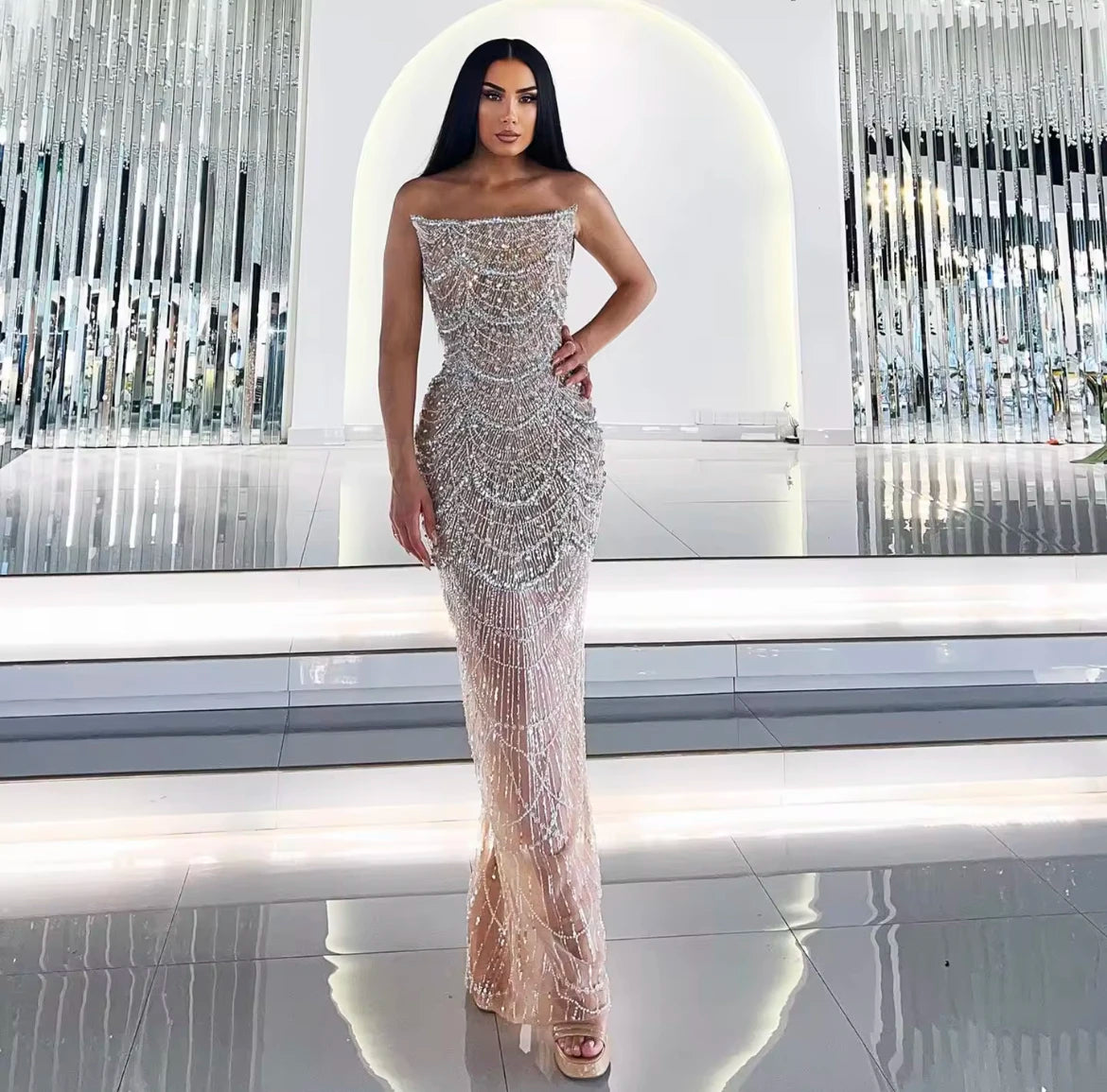 Nude Luxury Beaded Pearls Mermaid Evening Dresses 2025 Party Gowns for Women Wedding