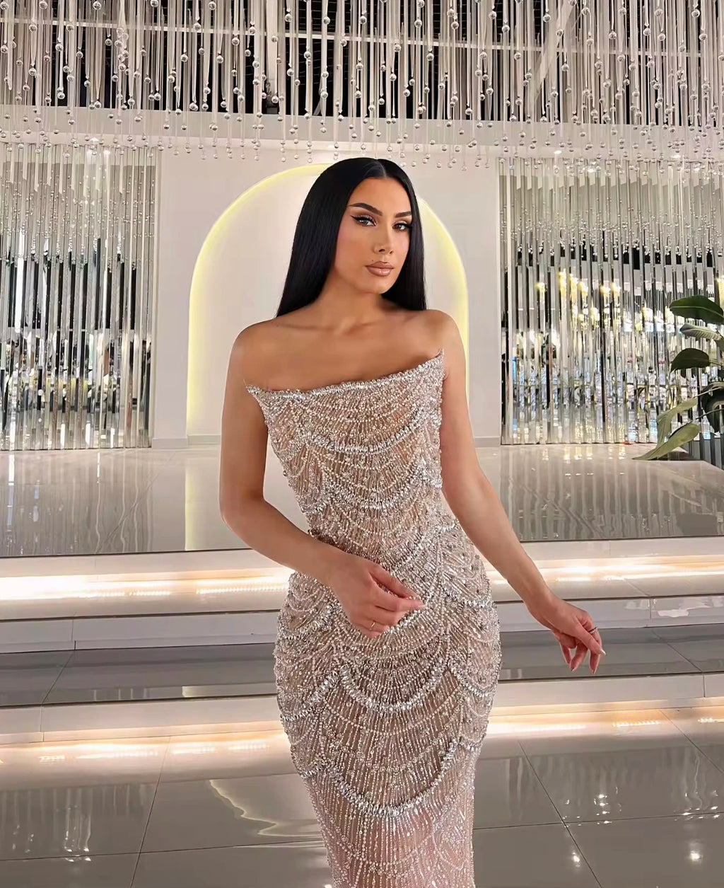 Nude Luxury Beaded Pearls Mermaid Evening Dresses 2025 Party Gowns for Women Wedding